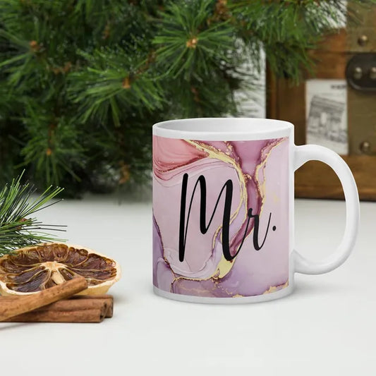 Print Hearts Mr & Mrs Marble Design Printed White Coffee And Tea Ceramic Mug Set Of 2